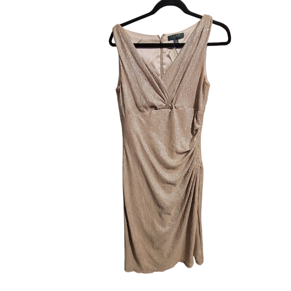 Raulph Lauren Tan Sparkly Ruched Cocktail Dress Sz 10 Read Post